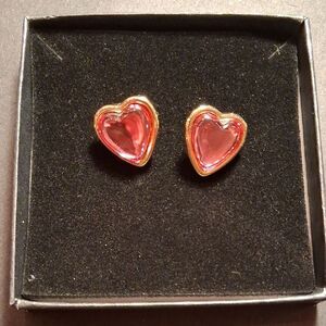 Trifari Vintage Gold and Pink Jelly Belly Lucite Heart Post Earrings